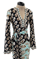 Fantastic 1970s Leonard Turquoise & Tan Fashion Silk Jersey Dress w Matching Tie Belt