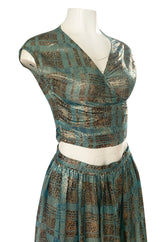 1980s Geoffrey Beene Gold & Turquoise Silk Lame Metallic Skirt & Top Set