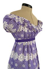 Late 1960s Anne Fogarty Soft Lavender Purple & White Floral Off Shoulder Empire Waist Dress