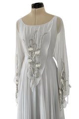 Magical 1970s Jean Varon Palest Silver Grey Chiffon Dress w Amgel Sleeves & Sequins