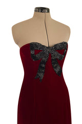 Gorgeous 1980s Oscar de la Renta Black Beaded Bow Dress in a Rich Ruby Red Velvet