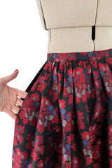 Prettiest 1970s Nina Ricci by Gerard Pipart Deep Red Floral Pattern Silk Skirt w Pockets