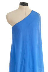 Incredible 1973 Halston One Shoulder Couture Brilliant Blue Silk Chiffon Dress
