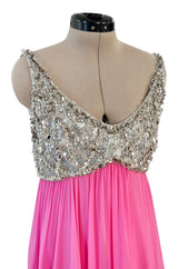 Late 1960s Fred Perlberg by Roger Millet Pink Silk Chiffon Dress w Silver Beaded Bodice