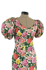 Well Documented Spring 1992 Yves Saint Laurent Ad Campaign Pouf Sleeve Silk Pink Floral Dress