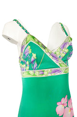 1970s Leonard Paris Green Floral Print Silk Jersey Halter Dress