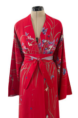 Gorgeous 1970s Hanae Mori Red Silk Kimono Caftan Dress w Sash & Beautiful Butterfly Print