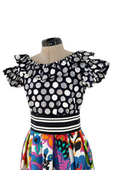 Cutest 1970s Geoffrey Beene Bazaar Mixed Floral & Dot Pattern Ruffle Dress