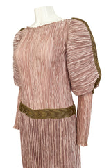 Spring 1984 Mary McFadden Dusky Pink & Gold Pleated Juliet Sleeve Dress