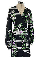 Prettiest 1970s Hanae Mori Printed Black & Green Floral Easy to Wear Jersey Dress