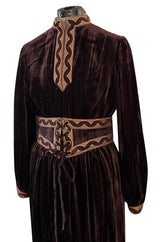 Late 1960s Oscar de la Renta Deep Brown Flat Velvet & Brocade Dress w Slit Sleeves & Lace Belt
