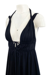 1970s Frank Usher Black Jersey Maxi Dress w Deep Front Plunge & No Back