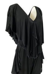 1970s Holly's Harp Black Jersey Ruffled Edge Pant & V Front Top Set