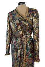 Fall 1990 Oscar de la Renta Metallic Gold Silk Lame Dress w Brass Bell Trim