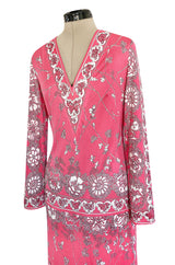 1970s Emilio Pucci Deep Pink Printed Silk Jersey Dress W High Snapped Slit Side Opening Skirt