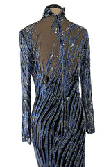 Incredible 1987 Bob Mackie Blue & Silver Beaded & Sequin Dress on Black Net