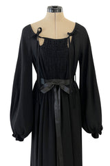 1970s Ossie Clark Black Moss Crepe Dress w KeyHole Tie Print & Balloon Sleeves