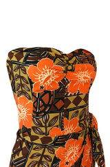 1950s Unlabeled Cotton Hawaiian Orange & Tan Floral Print Dress