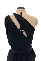 Chic 1970s Bill Blass One Shoulder Cut Out Little Black Light Weight Silk Dress w Silk Sash Tie