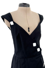 Gorgeous 1990s Yves Saint Laurent Black Cotton Wrap Dress w White Faceted Square Buttons