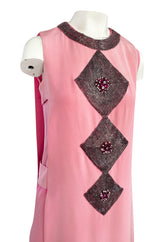 Documented 1969 Pierre Cardin Couture Pink Silk Crepe Diamond Beaded Dress w Overlay