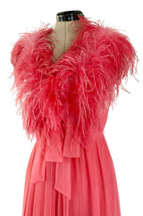 1970s Jack Bryan Bright Coral Pink Chiffon Dress w Feather Detailed Bodice