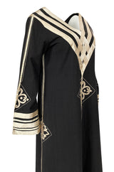 1960s Josefa Black Cotton, Gold Ribbon & Hand Embroidered Caftan Dress