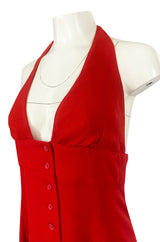 Iconc 1970s Ossie Clark Red Moss Crepe Button Front Halter Dress