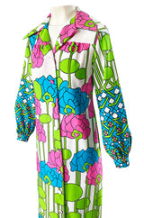 1970s Lanvin Mod Op Art Oversized Floral Print Jersey Shirt Dress