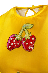 Early 1970s Bob Mackie Ray Aghayan Yellow Jersey Dress w Sequin Fruit