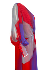 1970s Hanae Mori Full Sleeve Red & Purple Silk Chiffon Maxi Dress
