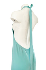 Important 1974 Halston Turquoise Cashmere Extremely Low Back Halter Dress