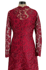 1986 Arnold Scaasi Couture Deep Red Lace Dress w Rhinestone Detailing & Trained Back Skirt