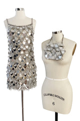 c.1967 Paco Rabanne Couture Mirrored Triangle, Metal, Rhinestone & Beaded Mini Dress w Matching Bag