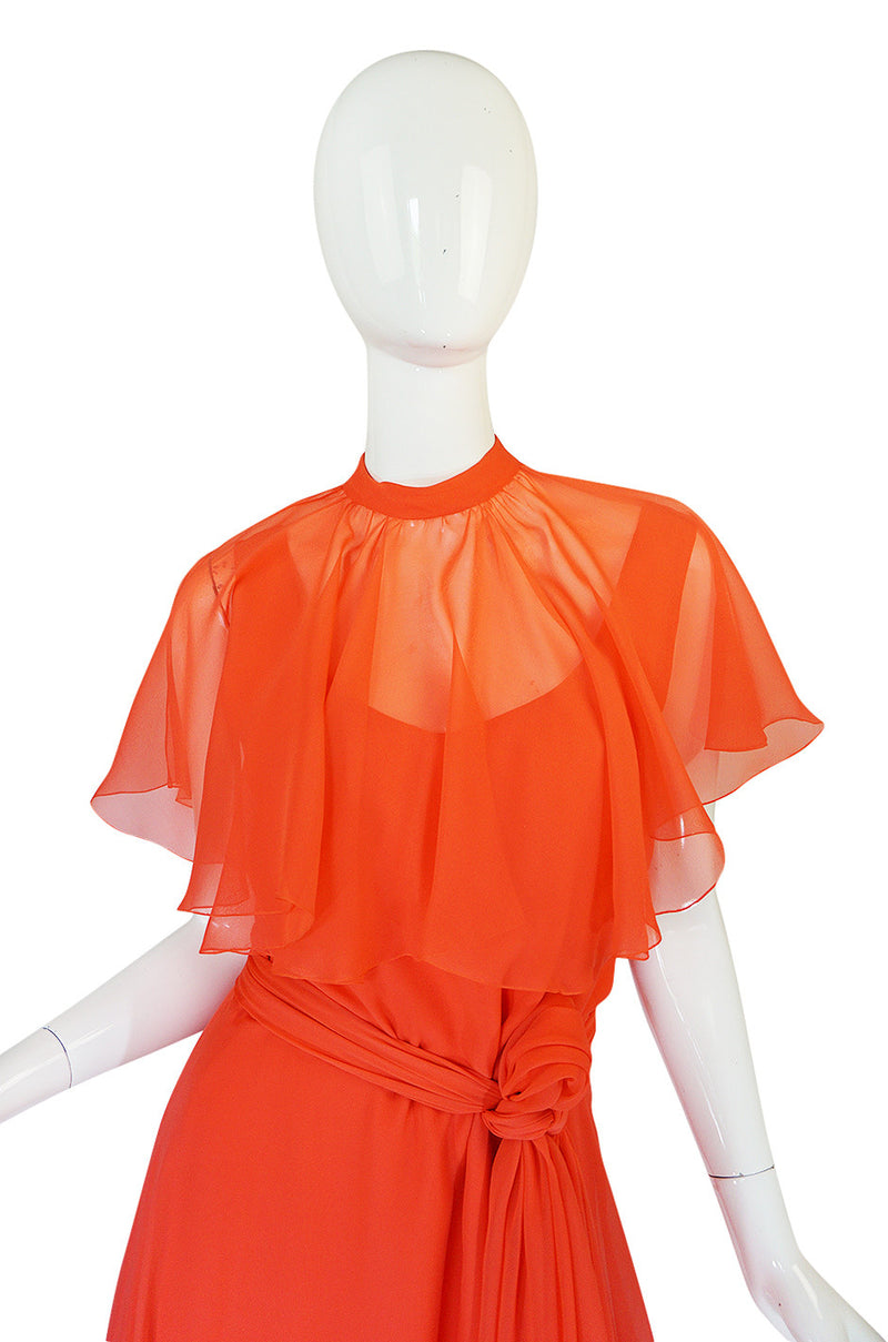 Rare 1970s Coral Silk Chiffon Stavropoulos Dress & Capelet