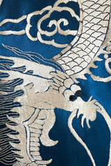 Decadant 1920s Unlabeled Deep Blue Silk Kimono w Hand Embroidered Dragons