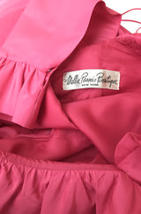 1970s Mollie Parnis Pink Silk Taffeta Dress w Ruffle Detailing