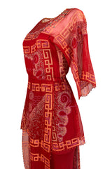 Fall 1979 Zandra Rhodes Book Piece 'Chinese Squares' Printed Red Silk Chiffon Dress