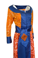 Dramatic 1970s Ronald Amey Orange Blue & Coral Print Silk Couture Dress
