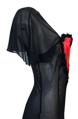 1990s Moschino Love Me Baby Red Heart on Black Net Lingerie Dress