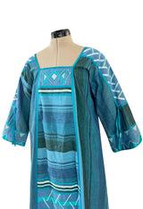 1960s Josefa Hand Made Ocean Blue Caftan Dress w Embroidery & Ribbon Details