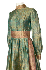 1960s George Halley Gold Metallic Blue-Green & Dusty Pink Lame Dress