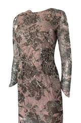 1980s Oscar de la Renta Sequin Detailed Trained Floral Silk Chiffon Dress