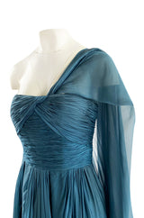 Early 1990s Oscar de la Renta Deep Teal Blue Silk Chiffon Custom Made Dress