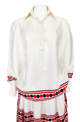 1960s Valentino Two Piece Ivory and Red Striped Silk Skirt & Top Set