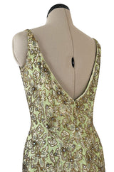 Incredible 1950s Mignon Densely & Heavily Beaded Green Silk Brocade Hourglass Dress