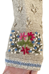 Wonderful 1980s Wolkenstricker Natural Linen Flax Colour Hand Knit Cardigan Sweater w Floral Details