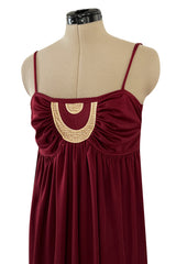 Fantastic 1980s Bill Tice Burgundy Jersey Halter Dress w Metallic Gold Inset