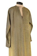 Fantastic 1970s Halston Metallic Gold Lame Lurex Full Length Caftan Dress w Notched Neckline