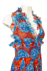 Spectacular c.1978 Valentino Blue & Coral Floral Silk Halter Backless Dress